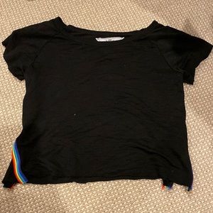 plain black tee shirt, rainbow detail down the sides, kids 14 (woman’s small)